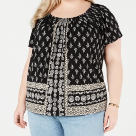 NWT Style & Co Plus Jewel Neck Peasant Top Black - Picture 3 of 3